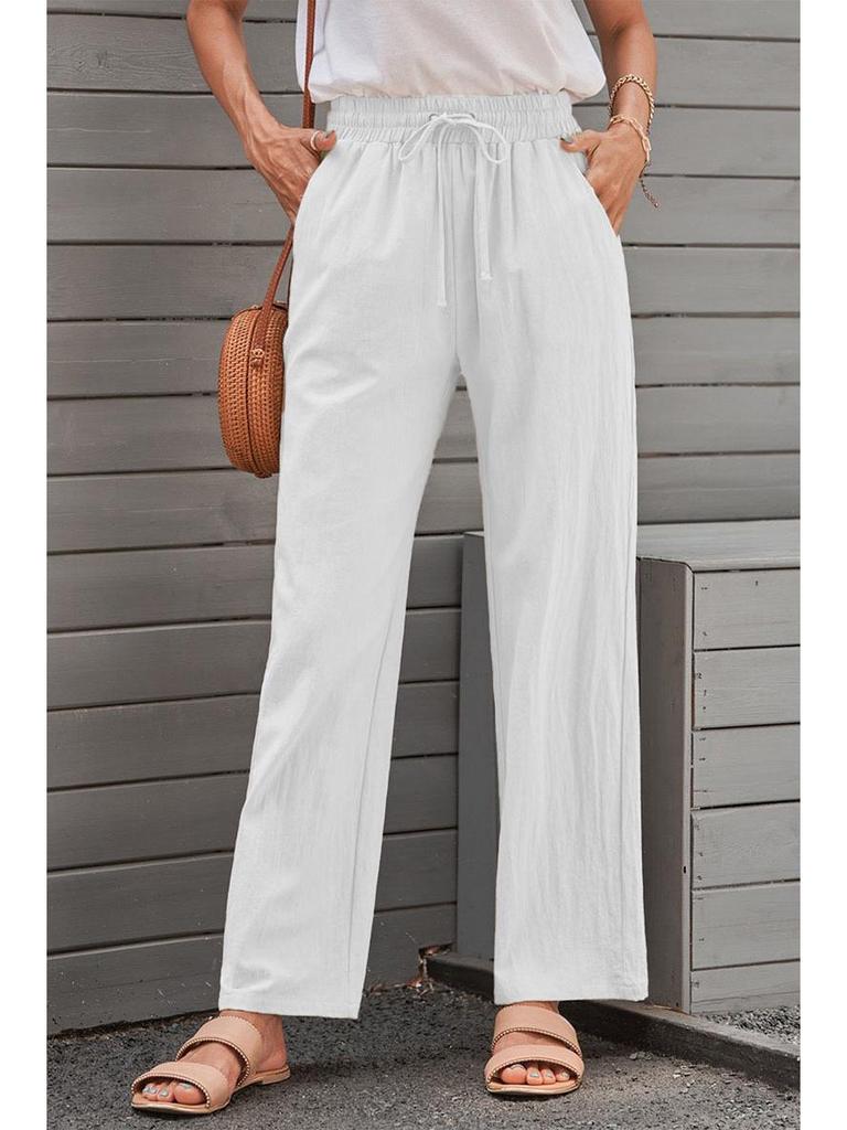 Женские хлопково-льняные брюки с кулиской и широкими штанинами