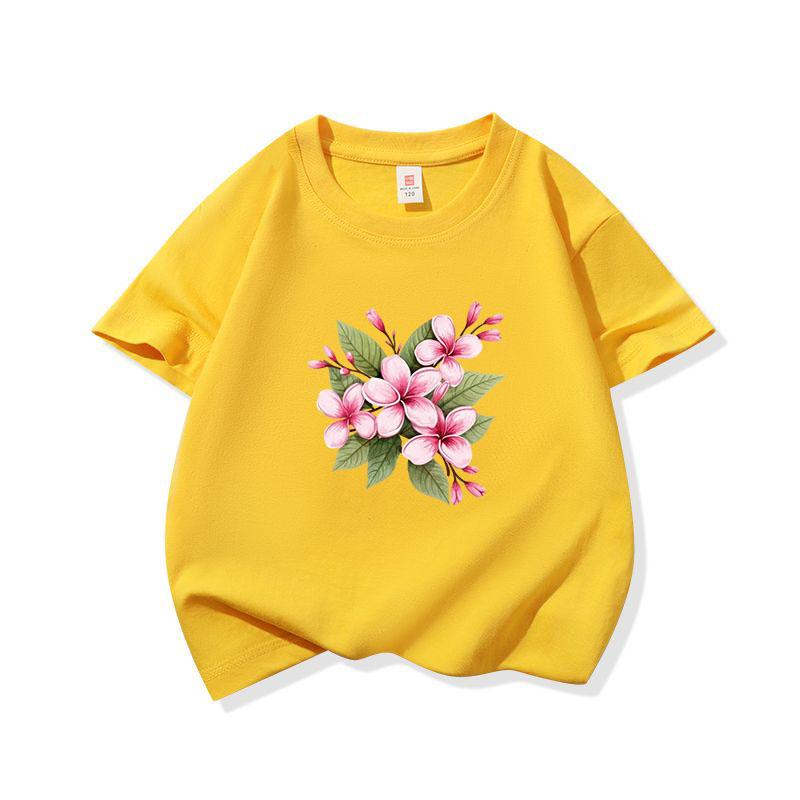 Kids Cotton T Shirt Pink Plumeria Floral Print Crew Neck Short Sleeve Tee Casual Breathable Boys Girls Summer Tops