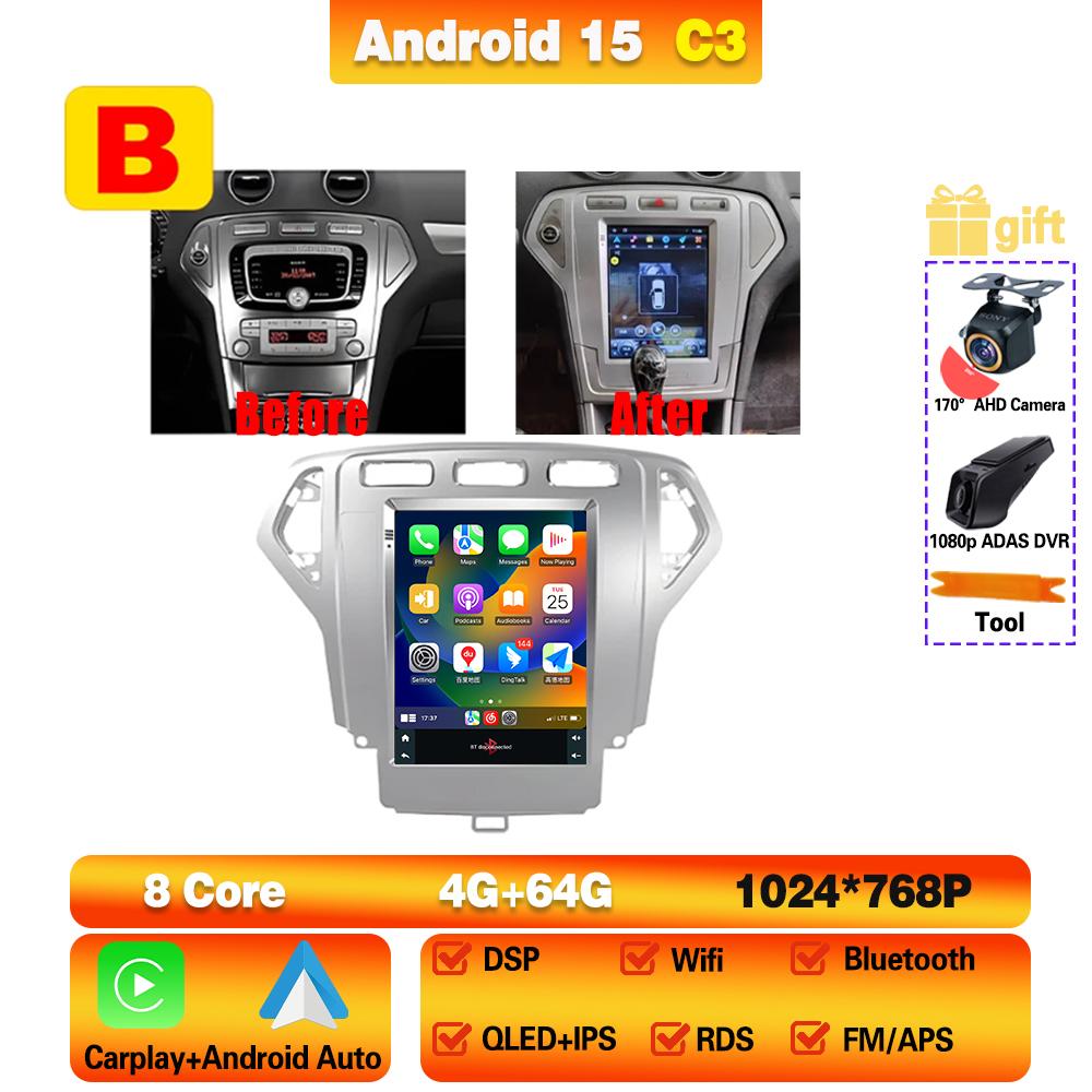 Autoradio 9,7 pouces pour Ford Mondeo MK4 2006 - 2010 Lecteur multimédia GPS Navi Stéréo Navigation Android 15 Carplay 2din Écran 5G