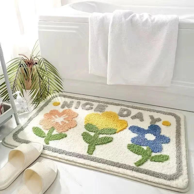 VIKAMA | Fresh Floral Imitation Cashmere Rug - Non-Slip, Absorbent Bathroom Mat/Living Room Doormat/Multi-Purpose Foot Mat