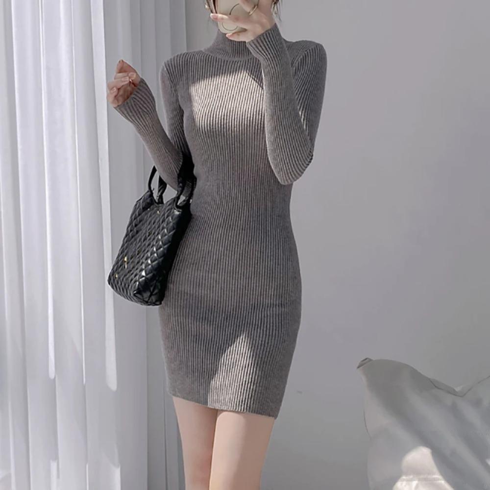 Женское облегающее платье-свитер с воротником-стойкой, длинное трикотажное сексуальное облегающее платье, базовое повседневное платье для женщин