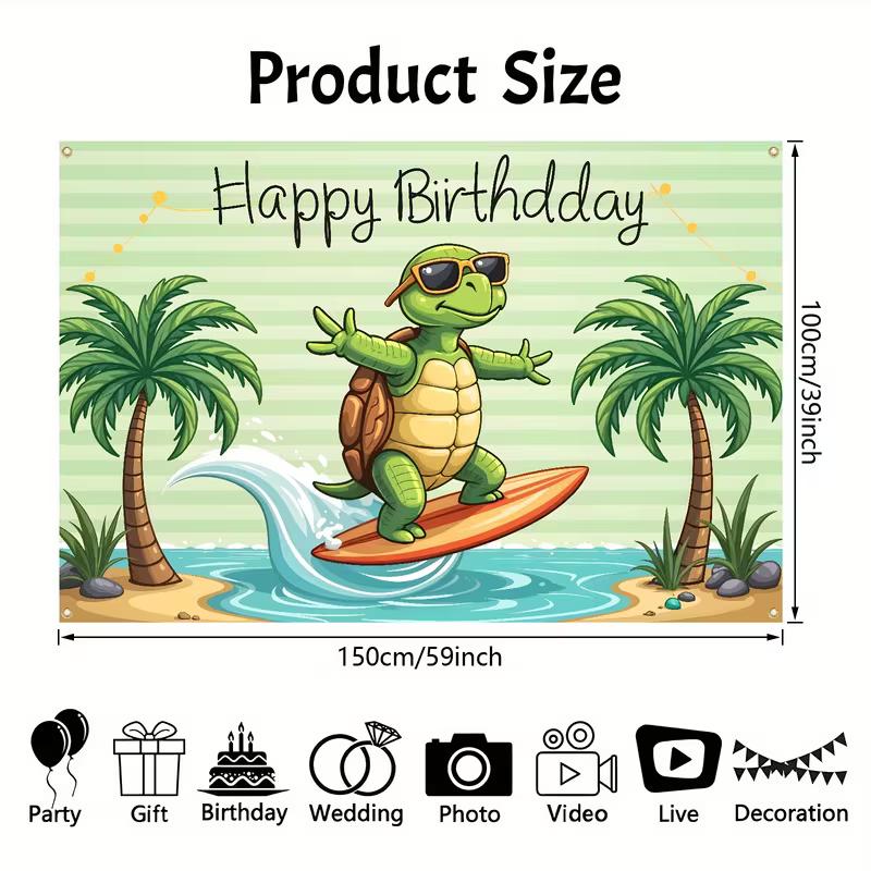 2D Tropical Beach Turtle Birthday Backdrop, Surf Themed Party Decor Banner