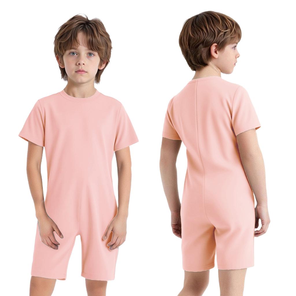 Kids Girls Boys Adaptive Clothing Round Neck Short Sleeve Back Zipper Solid Color Jumpsuit