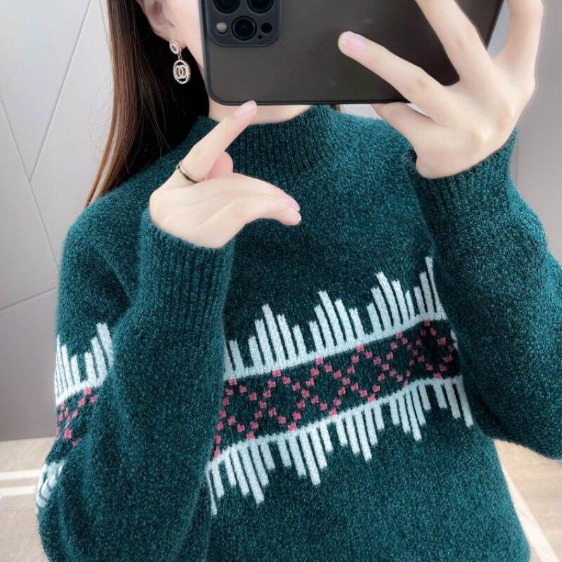 Pullover Sweater Women Mink Down Autumn and Winter 2023 Half High Collar Loose Knitted Undercoat Casual Pullover Sweater Women