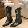 Вышивка Массивные Женские Высокие Сапоги Ретро Острый Носок Средний Каблук Обувь Тренд 2025 Зимняя Мода Классические Туфли Миди Голенище Botas Mujer