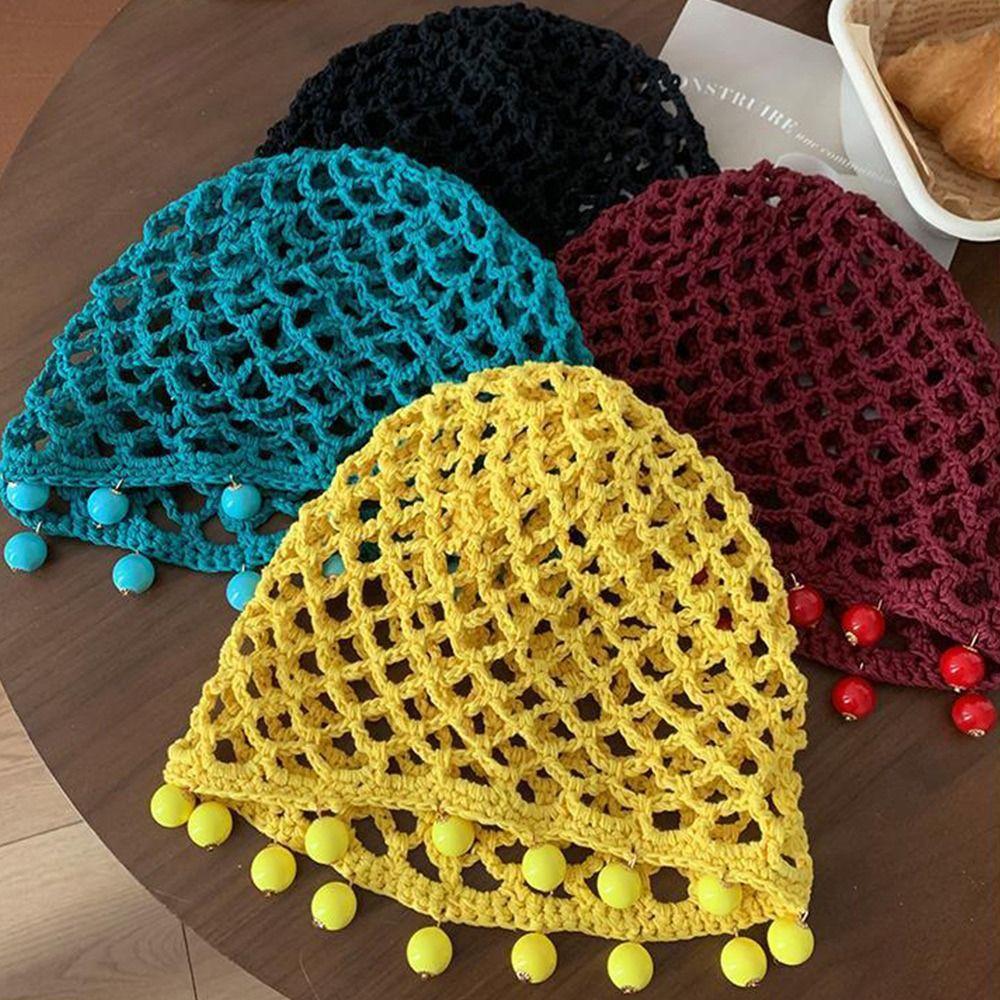 Breathable Hollowed Out Knitted Hat Round Beads Pearl Fringed Crochet Hat Handmade Beret Cap Fashion Headwear