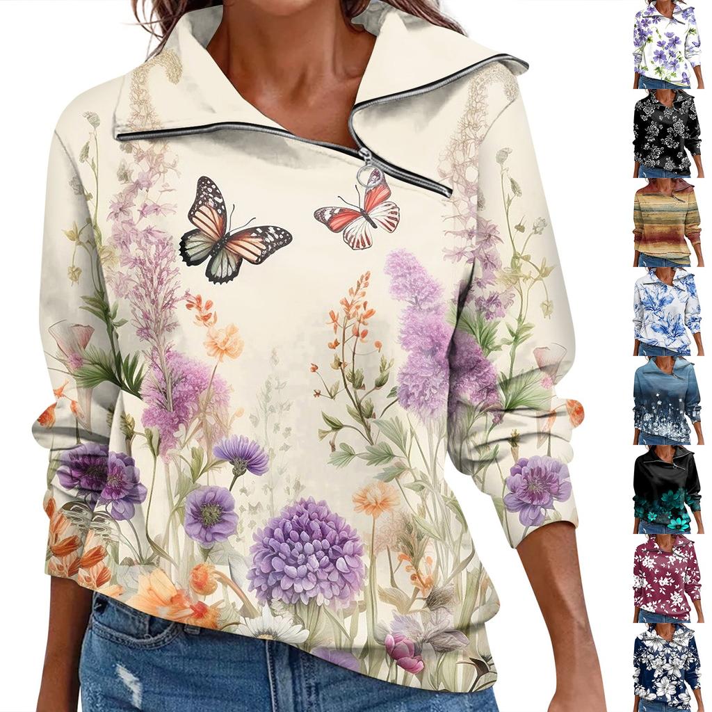 Ladies' Autumn And Winter Top With Zipper, Casual Retro Floral Print Long Sleeved Top