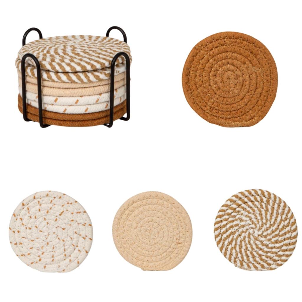 Set of 8 Handwoven, Absorbent, Round, Natural Cotton Coasters, 11cm Diameter, Non-Slip, Stylish, Scandinavian-Style, for Tea, Glass, or Cup Use, with