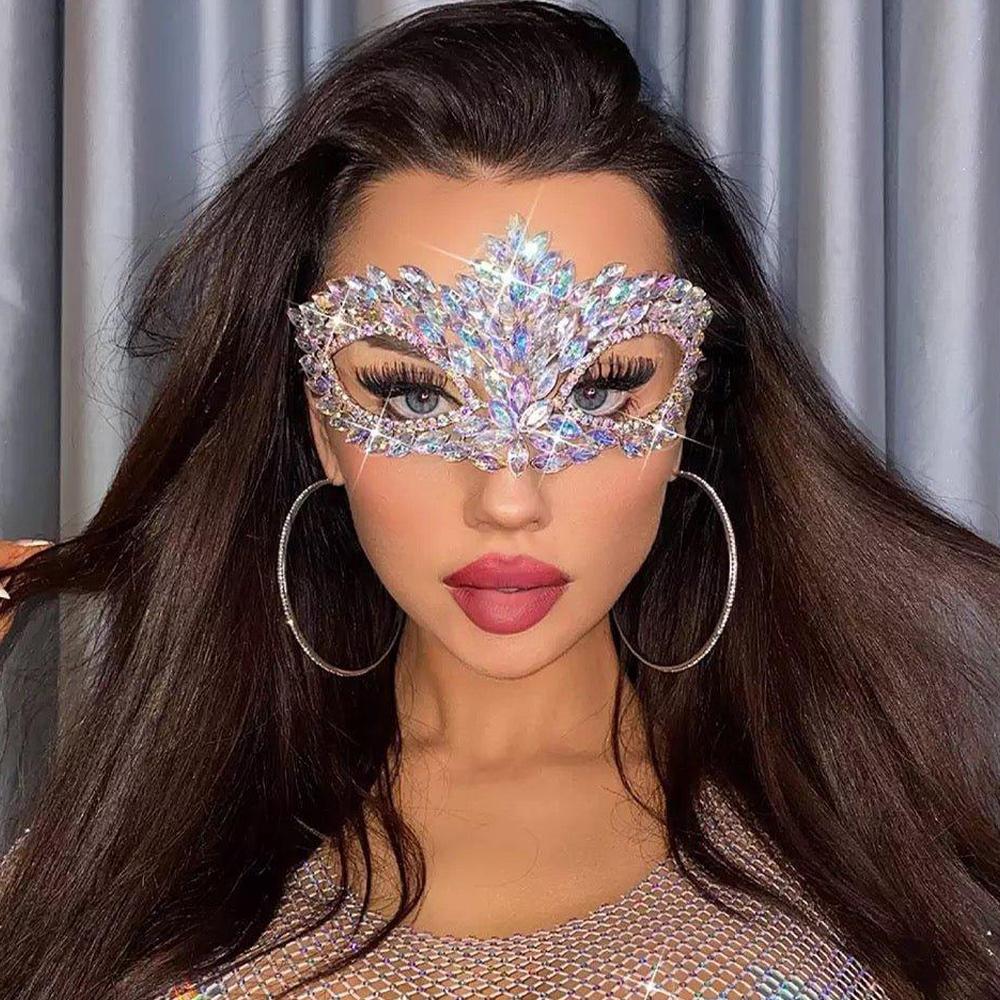 Stonefans Bling Masquerade Face Mask Crystal for Wonen Party Cosplay Carnival Adjustable Rave Statement Rhinestone Mask Jewelry