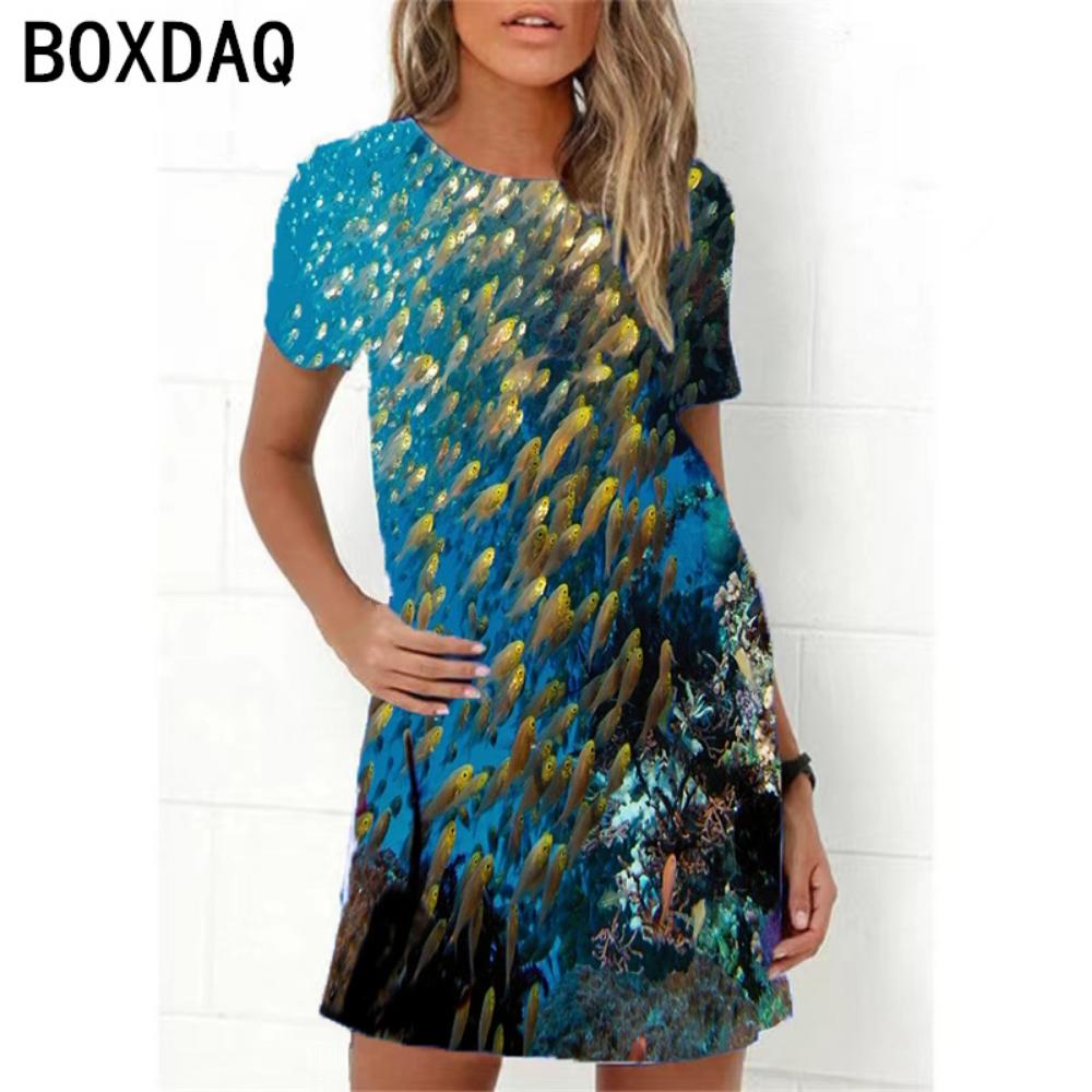 Ocean World 3D Print Dress Women New 2026 Summer Short Sleeve Cartoon Fish A-Line Dress Oversized Loose Casual Ladies Dress