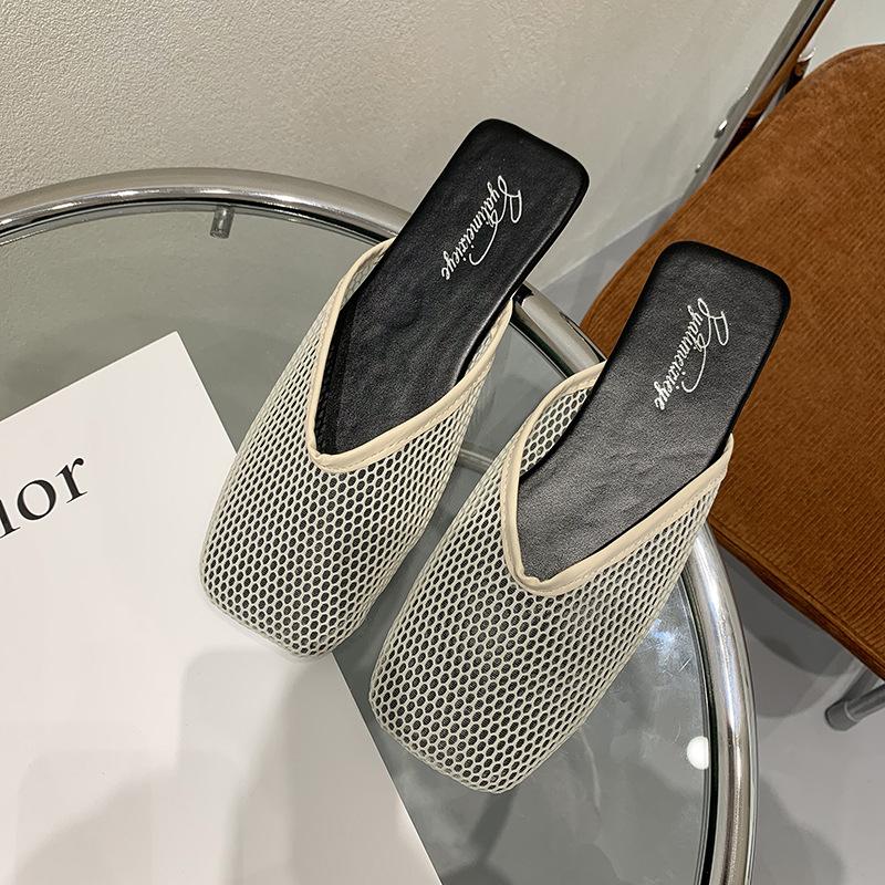 Баотоу шлепанцы женские летние на плоской подошве модные для улицы простые нескользящие ленивые сандалии полые дышащие сетчатые женские туфли