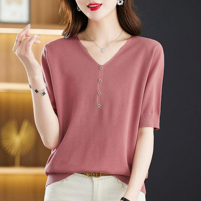 Летняя женская трикотажная футболка Ice Silk с короткими рукавами, летний новый свободный и стильный тонкий трикотажный топ с V-образным вырезом