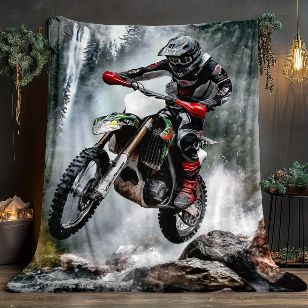 1pc Motorbike Rider in Action Blanket-Lightweight Flannel Home Furnishings Bedding Blanket Suitable for Sofas Beds Travel Camping Living Roo