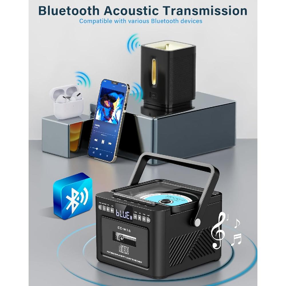 Boombox CD Player Portable with Cassette Player, Portable Radio with Bluetooth, Boom Box with Stereo Sound, Powered by 5000mAh Rechargeable Battery