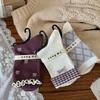 Female Spring and Autumn Sweet Flanging Bow Berry Purple Lattice Boneless Tube Pile Socks