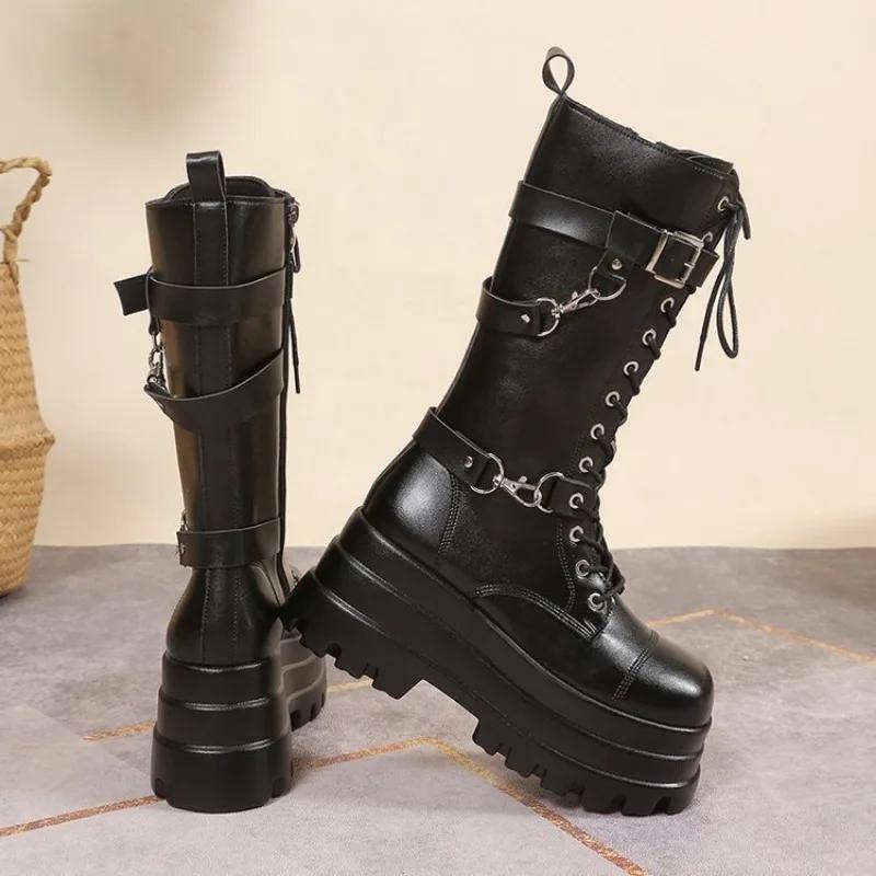 Fashion Plus Size 43 Autumn Women Boots Buckle Round Toe Wedges Platform Boots Punk Goth INS Women Street Shoes Combat Boots for Women