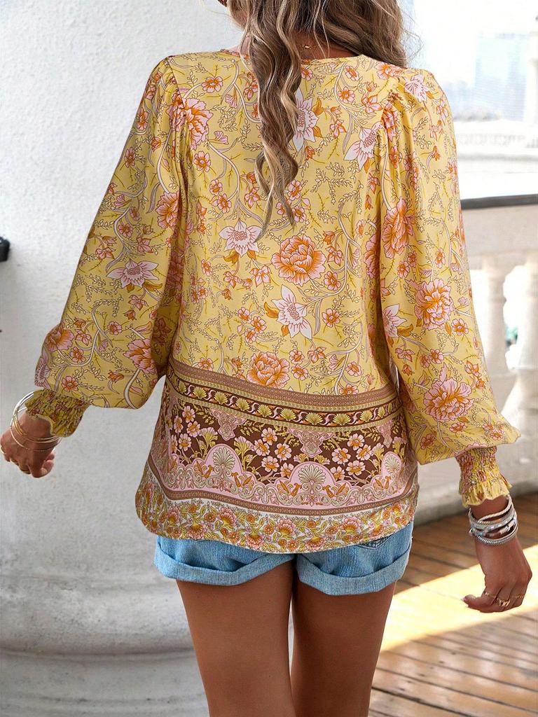 Bohemian Rayon Print Lace-up Long Sleeve Top for Women - 2025 Spring/Summer Collection