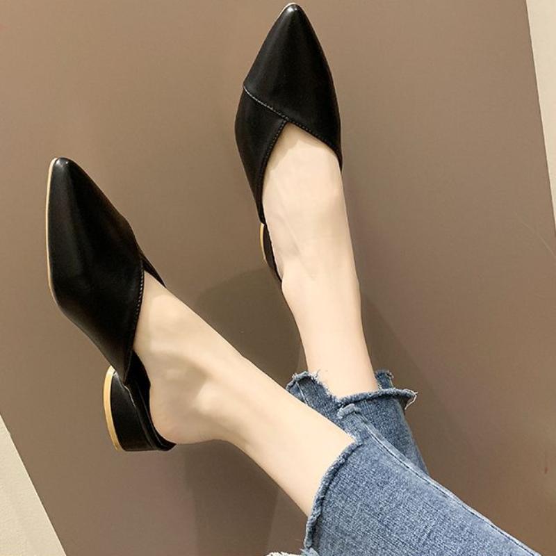 Босоножки Туфли с острым носком для женщин 2025 Черные женские шлепанцы Низкий каблук Летние мюли Рабочие шлепки Шикарные и элегантные в продаже B F 39