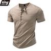 Мужская футболка-henley с коротким рукавом, 7 пуговиц, круглый вырез, приталенный крой, меланжевый хлопок, повседневная базовая футболка