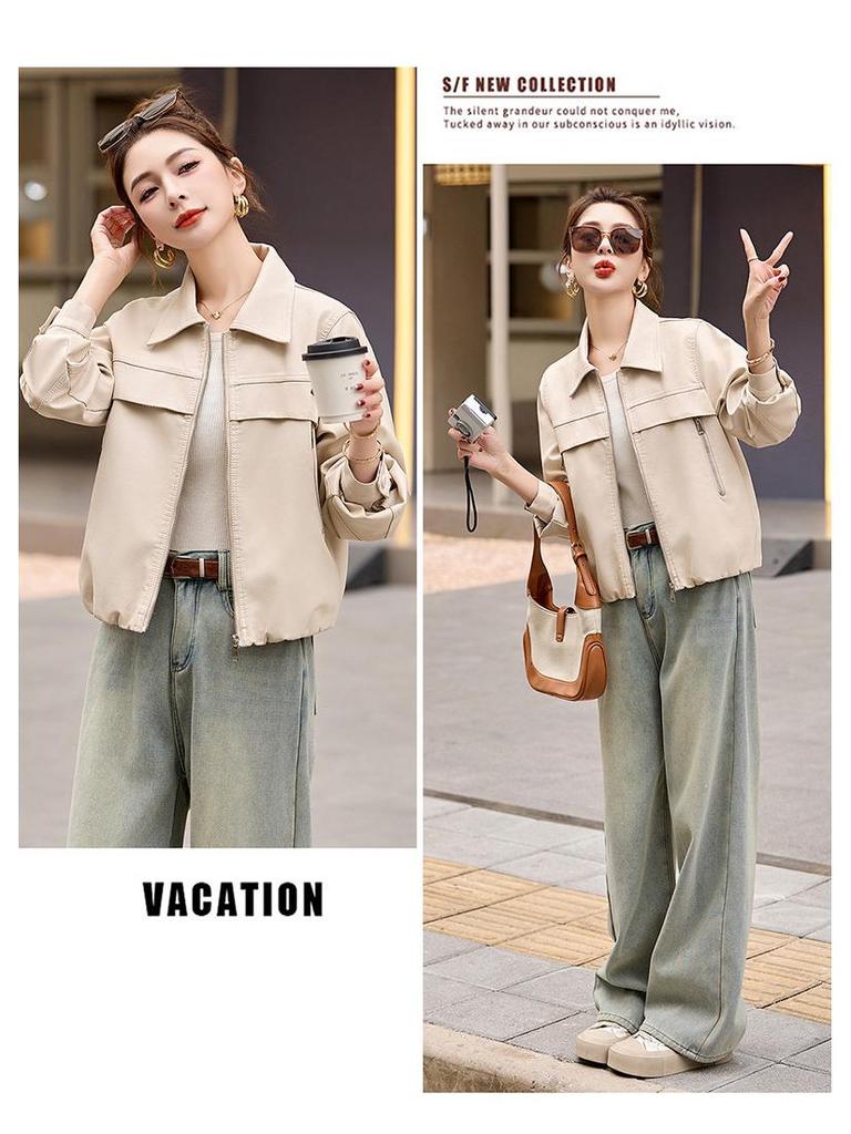 Женская модная куртка из ПУ кожи с лацканами - Коллекция Весна 2025, Короткое пальто