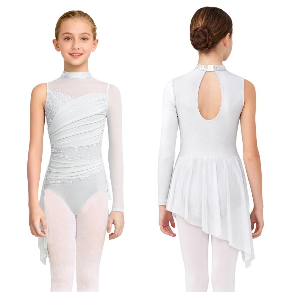 Kids Figure Skating Dress Girls Lyrical Dance Costume Sparkling Rhinestones Leotard with Mesh Skirt for Competition