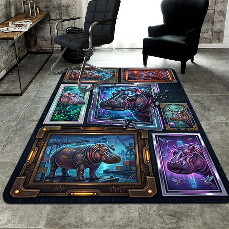 Cybernetic Hippo Portraits Pattern Rug Floor Mat for Living Room or Bedroom Soft and Comfortable Carpet a Gift for Birthday and Holiday.