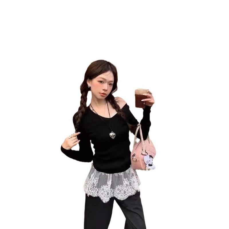 Хлопок Темперамент V-образный вырез Стиль девушки Красивые кружева Маленькие подтяжки Женская атмосфера Ощущение складки через сетку Лоскутная занавеска с пердежом