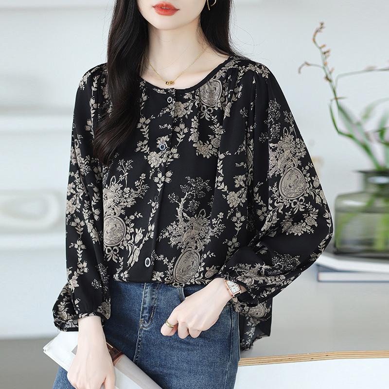 Цветочная шифоновая рубашка для женщин с длинными рукавами, свободный крой, утягивающий живот, прикрывающий антивозрастной топ для женщин, рубашка