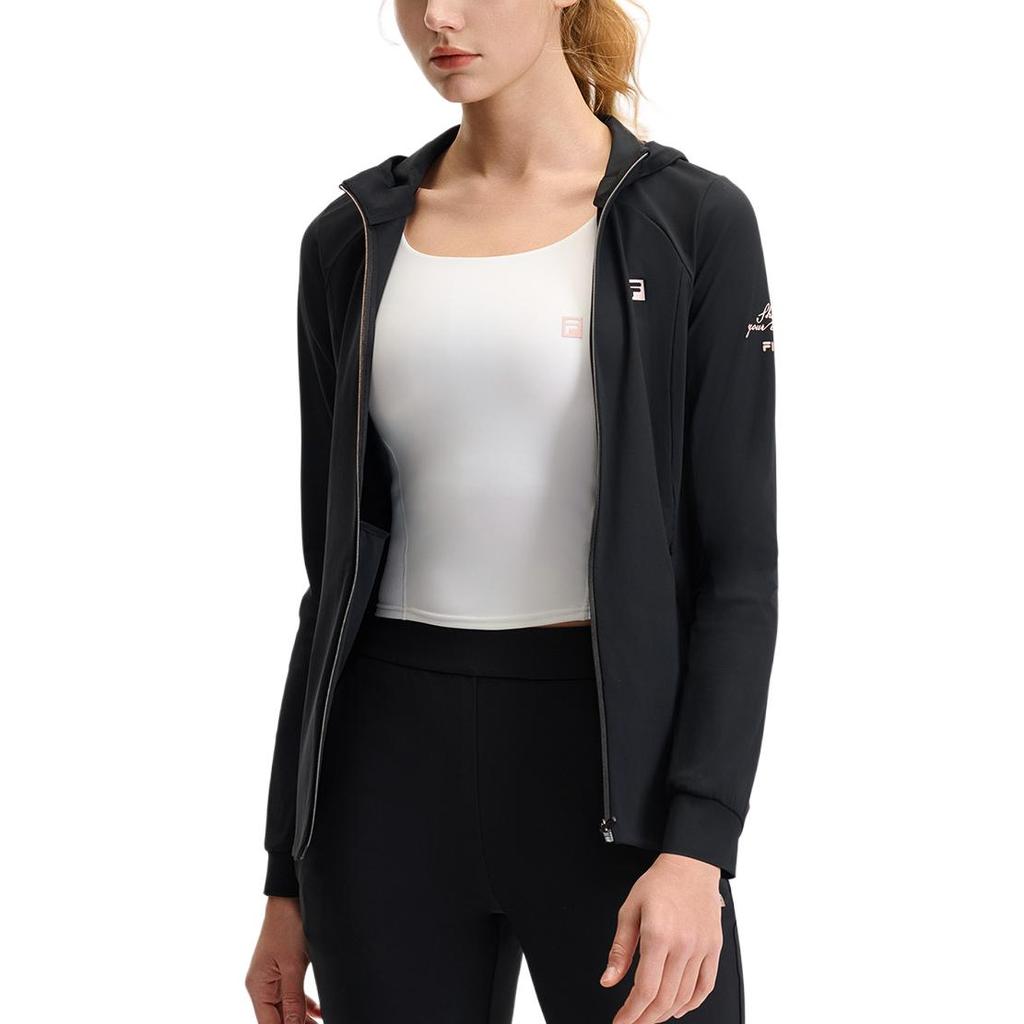 Fila Fitness Logo Knitted Hooded Long Sleeve Jacket Women Jackets Deep-Black A11W521503F-BK