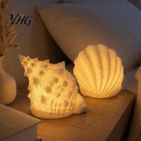 Ambient Night Lamp Conch Shell Light, Resin LED with Auto Timer, Beach House Decor Theme Decorative Lighting for Coastal Bedroom Bathroom Light