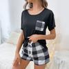 Women's Sleepwear French Two-piece Home Suit With A Short Sleeved Shirt And Checkered Pockets, Checkered Shorts Set