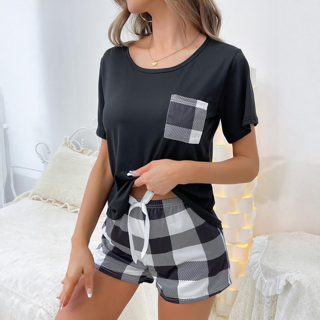Women's Sleepwear French Two-piece Home Suit With A Short Sleeved Shirt And Checkered Pockets, Checkered Shorts Set