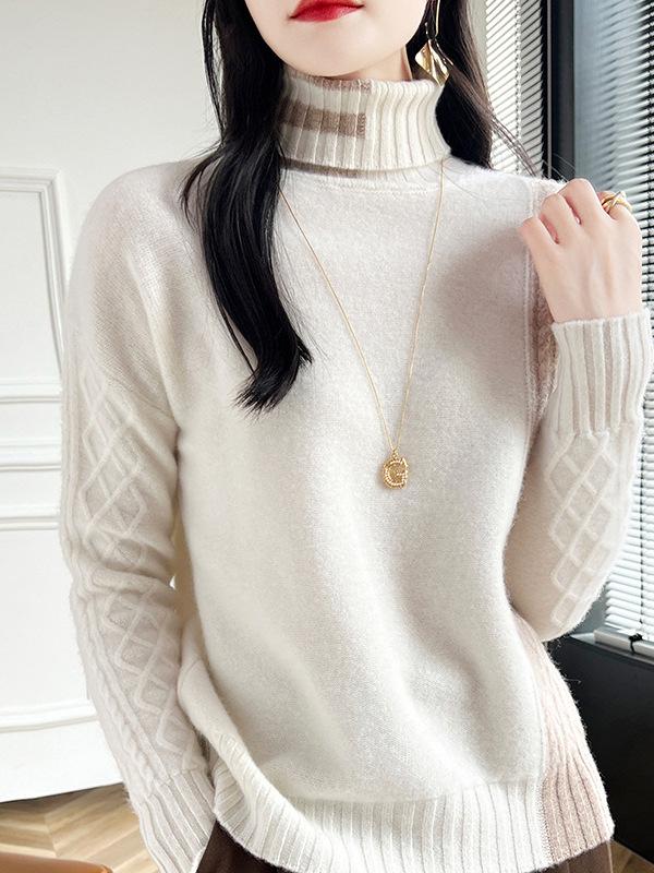 Women's Color Block Wool High Collar Pullover Sweater with Diamond Twist Knit