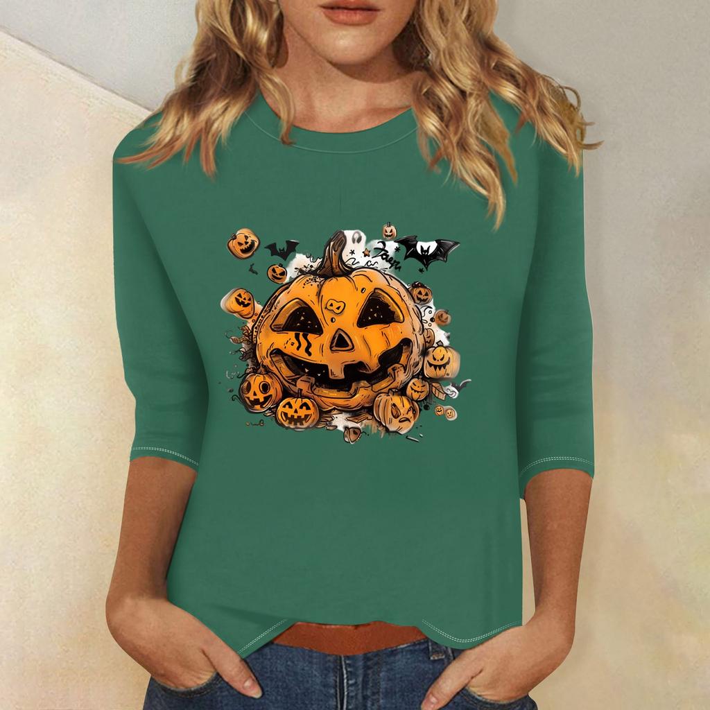 Women's Fashion Casual Three-quarter Sleeve Halloween Printed Round Neck Top