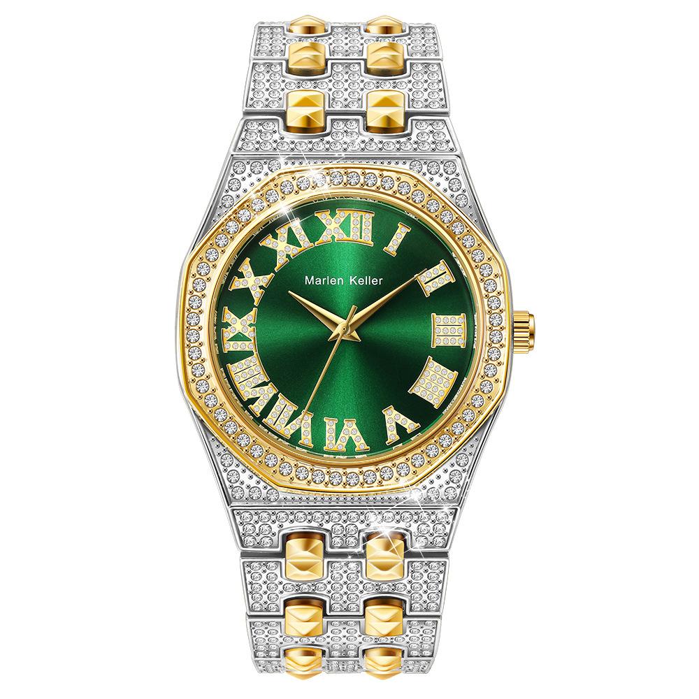Men's Diamond Quartz Watch Waterproof Iced Out Wristwatch with Roman Numeral Dial, Gold/Silver Bling Hip Hop Watch for Men