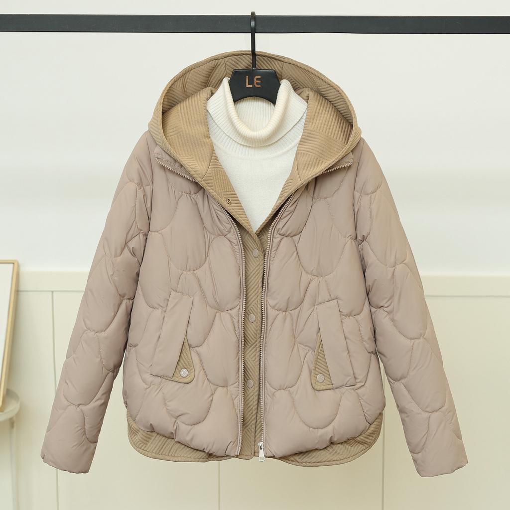 Легкая и Тонкая Короткая Пуховая Хлопковая Одежда Женская Худи С Комбинированием Имитация Двойки Хлопковая Одежда Зимняя Мода Теплые Хлопковые Куртки