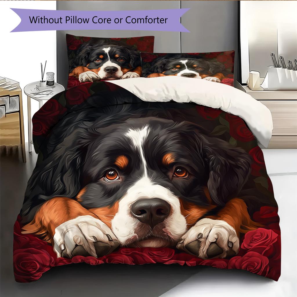 Bernese Mountain Dog and Rose Pattern Bedding Home Decoration Birthday Gift (1 * duvet cover + 2 * pillowcase, without core)