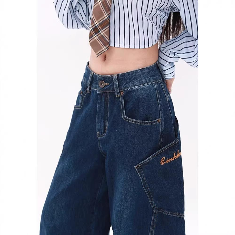 American retro wide-leg jeans women's spring and autumn new scimitar design sense high waist loose long pants