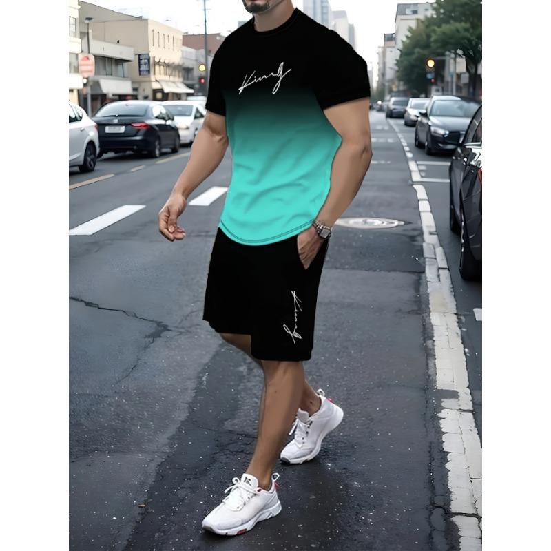 Men's Outfit, Gradient Color King Graphic Print Casual Crew Neck Short Sleeve T-Shirt & Shorts 2-piece Set For Summer Outdoor Activities
