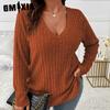 Women's Fashion Casual Solid Color Print Autumn Winter Long Sleeve V-Neck Loose Frosted T-shirt with Pit Stripes Sweaters