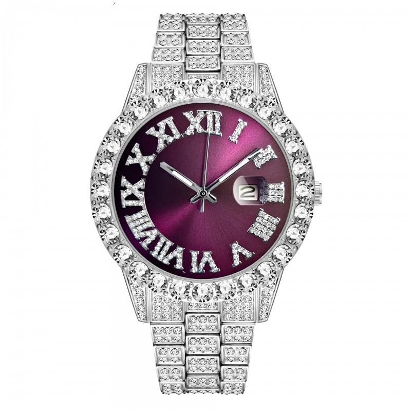 Mens Hip Hop Style Stainless Steel Watch With Roman Dial Luminous Hands Date Function 44mm Round Mineral Glass