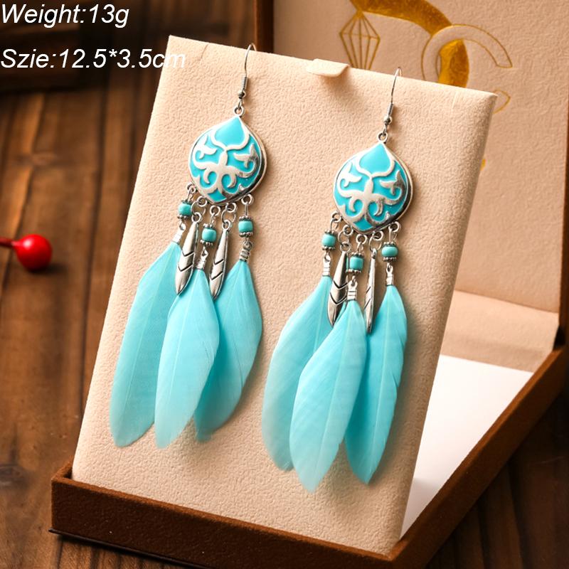 Blue Fashion Boho Temperament Water Drop Feather Earrings for Women Long Crystal Rhinestone Drop Oil Dangle Earring Jewelry