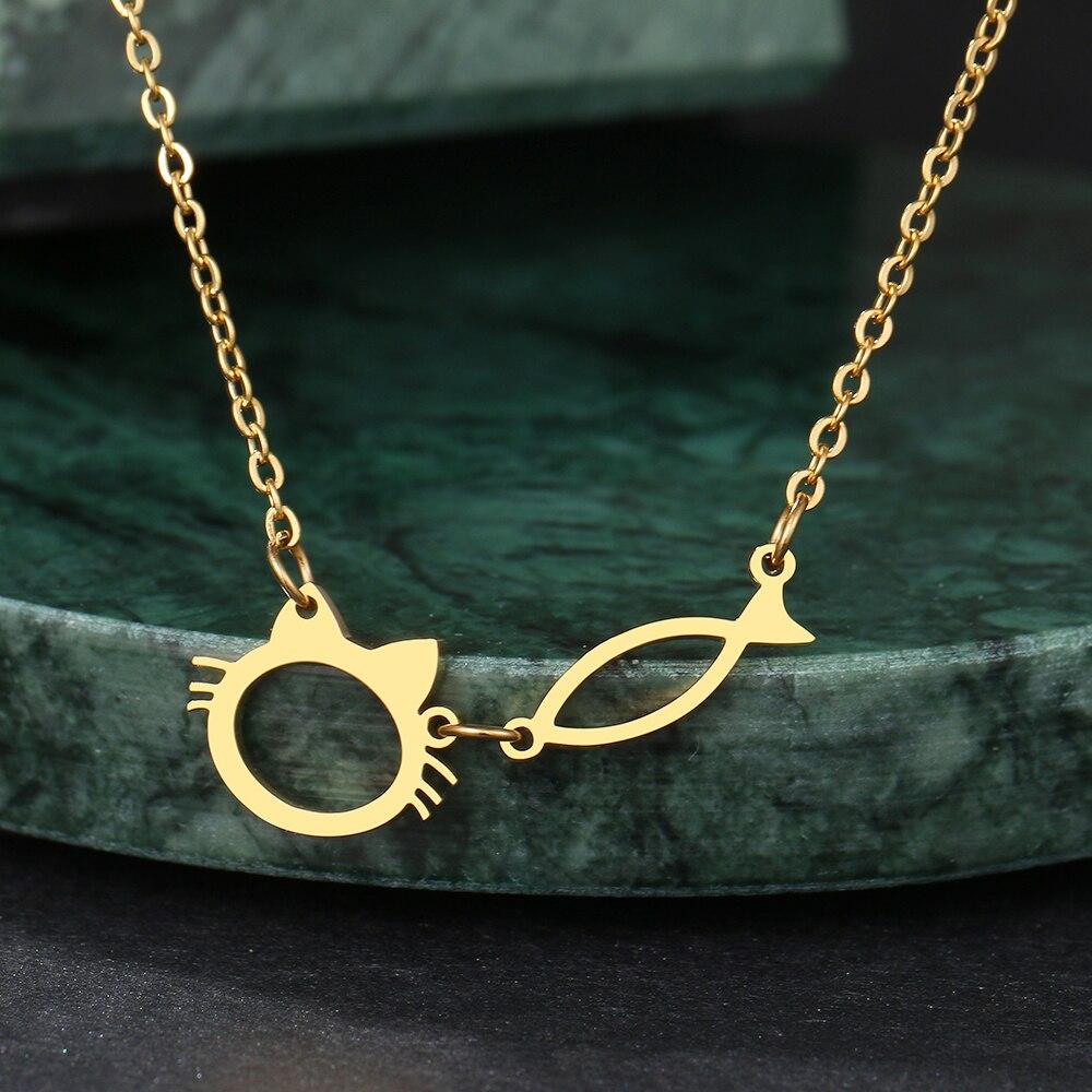 Stainless Steel Necklaces Cute Cat And Fish Pendant Chain Choker Charm Fashion Necklace For Women Jewelry Party Birthday Gifts