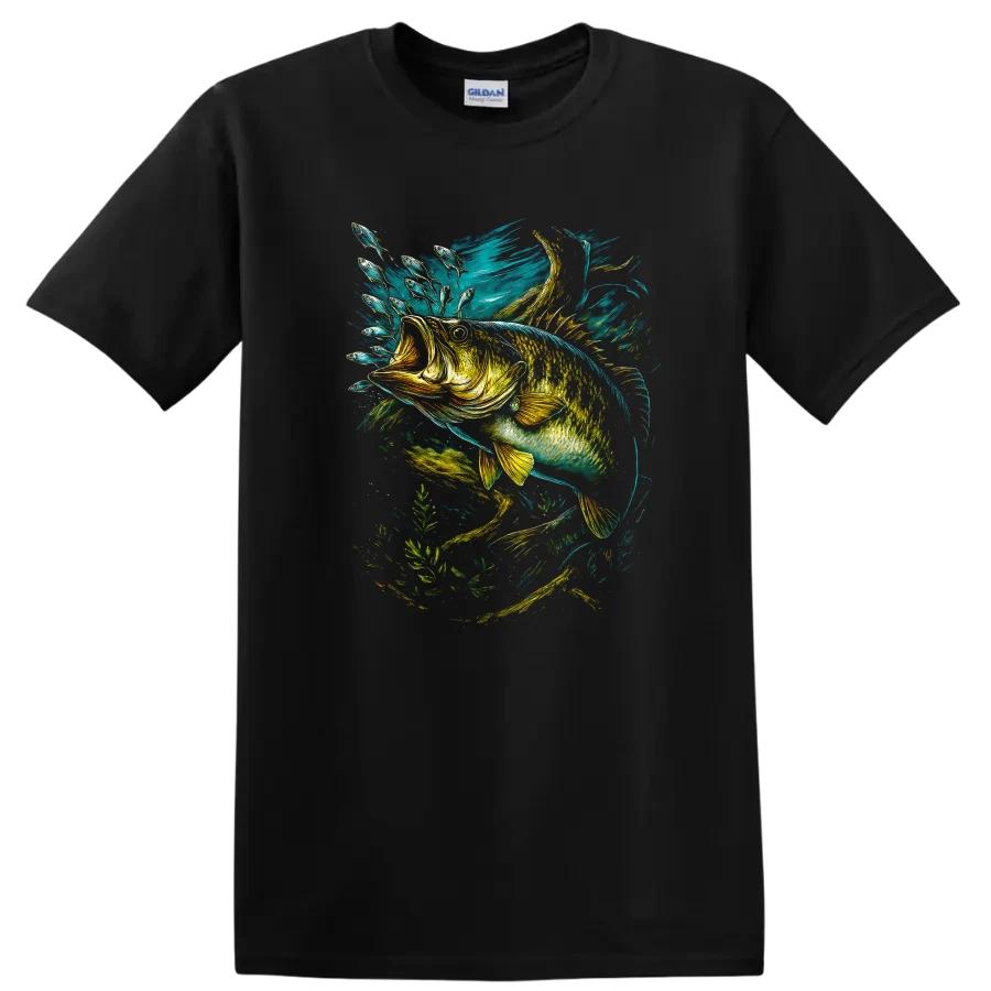Fish T Shirt Bass Fishing Artwork w/ Colorful Nature Scene Tee