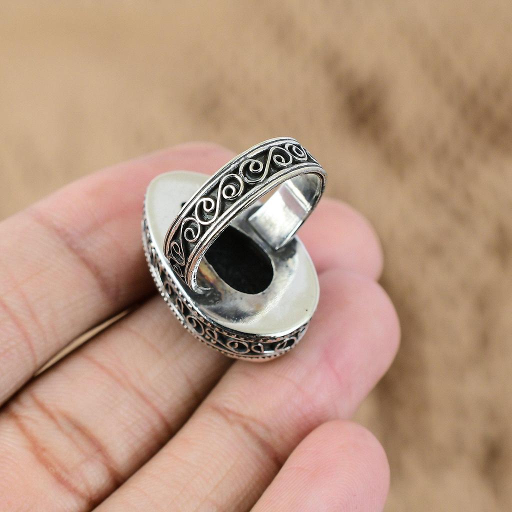 Натуральный ископаемый ортоцерас Многокаменный Винтажное Серое Кольцо Размер 9 Серебро 925 пробы
