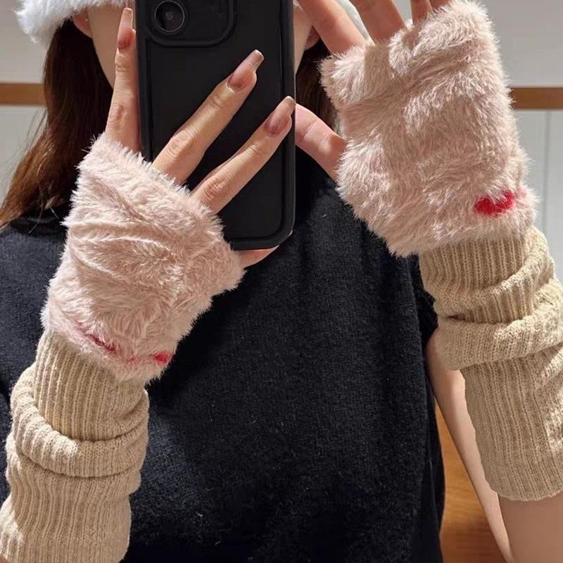 1Pair Knitted Pile Sleeves Protect Your Arms Sleeve Winter Half Finger Gloves