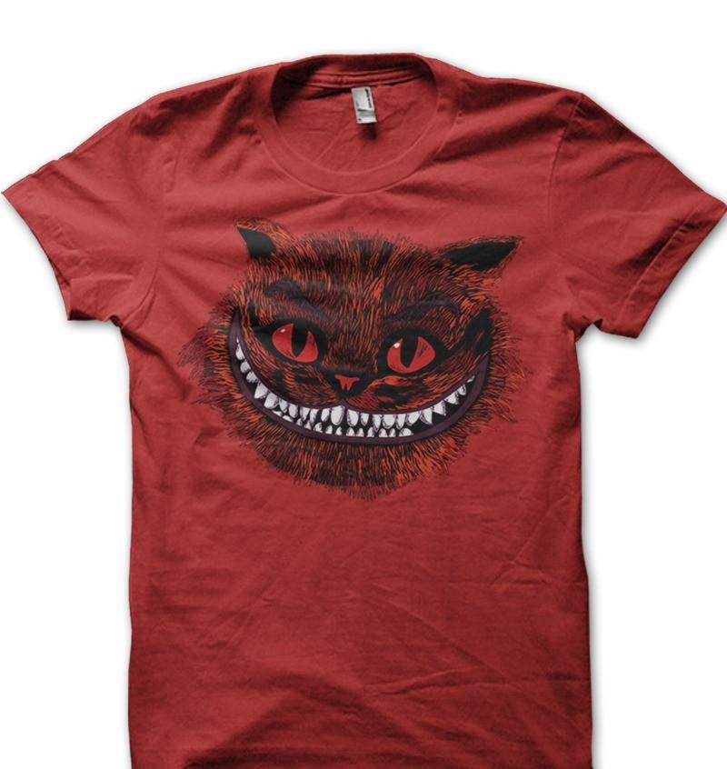 CHESHIRE Cat blue Alice in Wonderland All Mad here Hatter RED t-shirt 9583