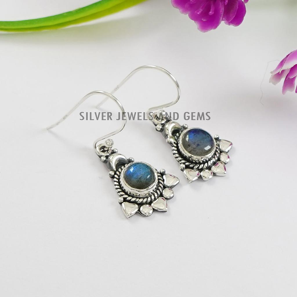 Labradorite Gemstone Earrings: Round Sterling Silver Boho Earrings