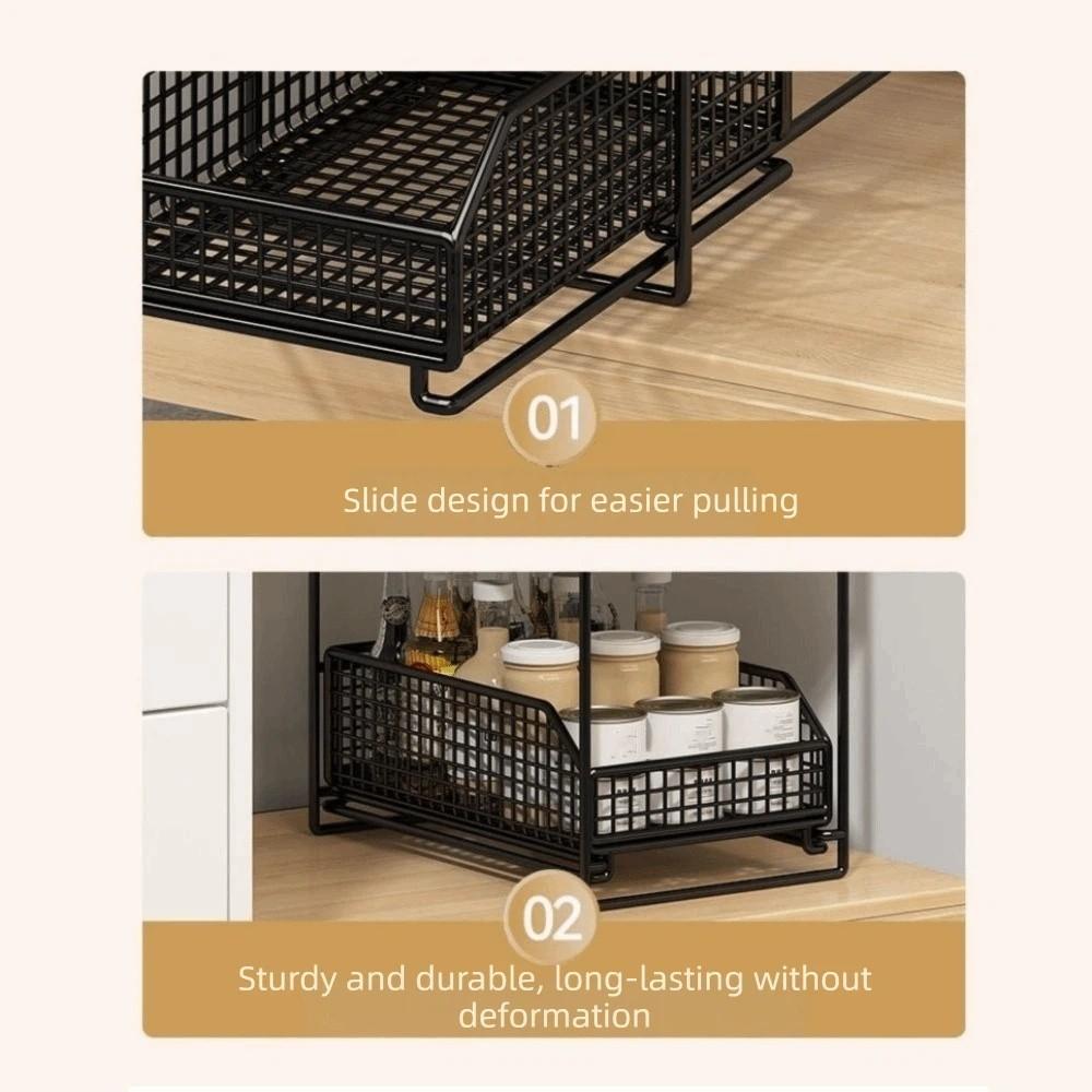 Iron 2 Tier Storage Basket Stable Frame Sliding Cabinet Basket Cabinet Organizer for Kitchen