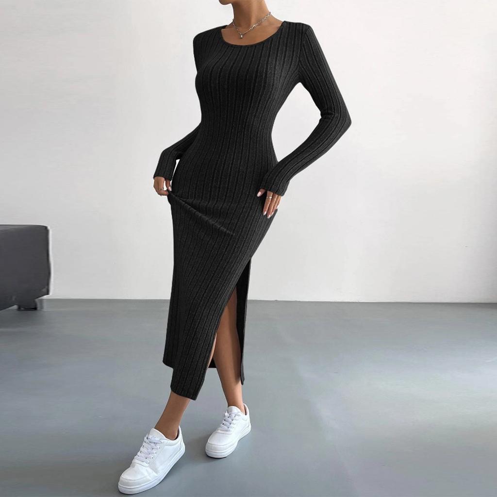 Long Sleeved Round Neck Slit Knitted Long Dress For Women